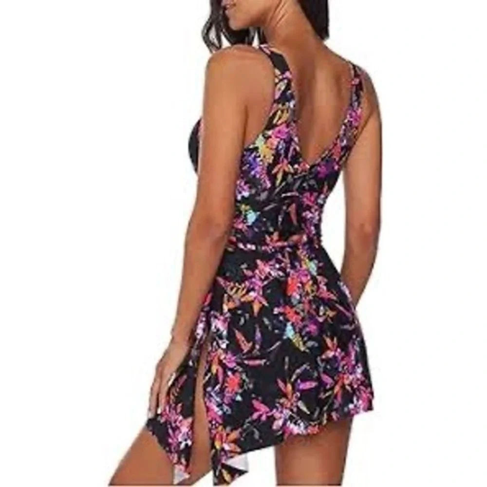 Women's Plus‎ Size One Piece Swimskirt Black Neon Multi Color Floral Size 2XL